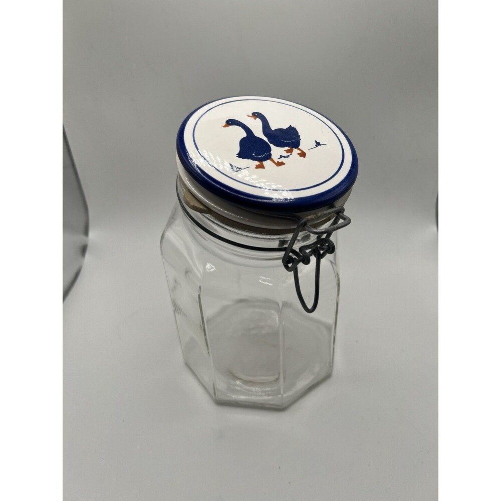 Vintage Glass Geese Goose Canister w/ Ceramic Bale Lid Blue & White Italy EUC